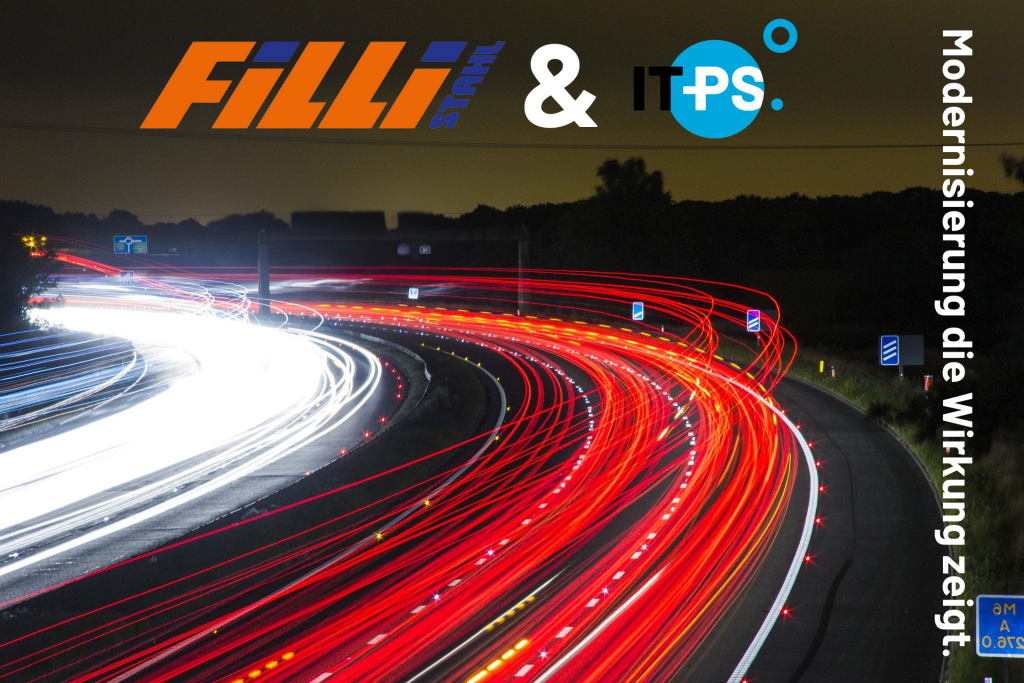 Eine Autobahn mit roten und weißen Linien aus den Lichtern. Die Logos von Filli Stahl und IT-PS mit dem Titel: Moderniserung die Wirkung zeigt.