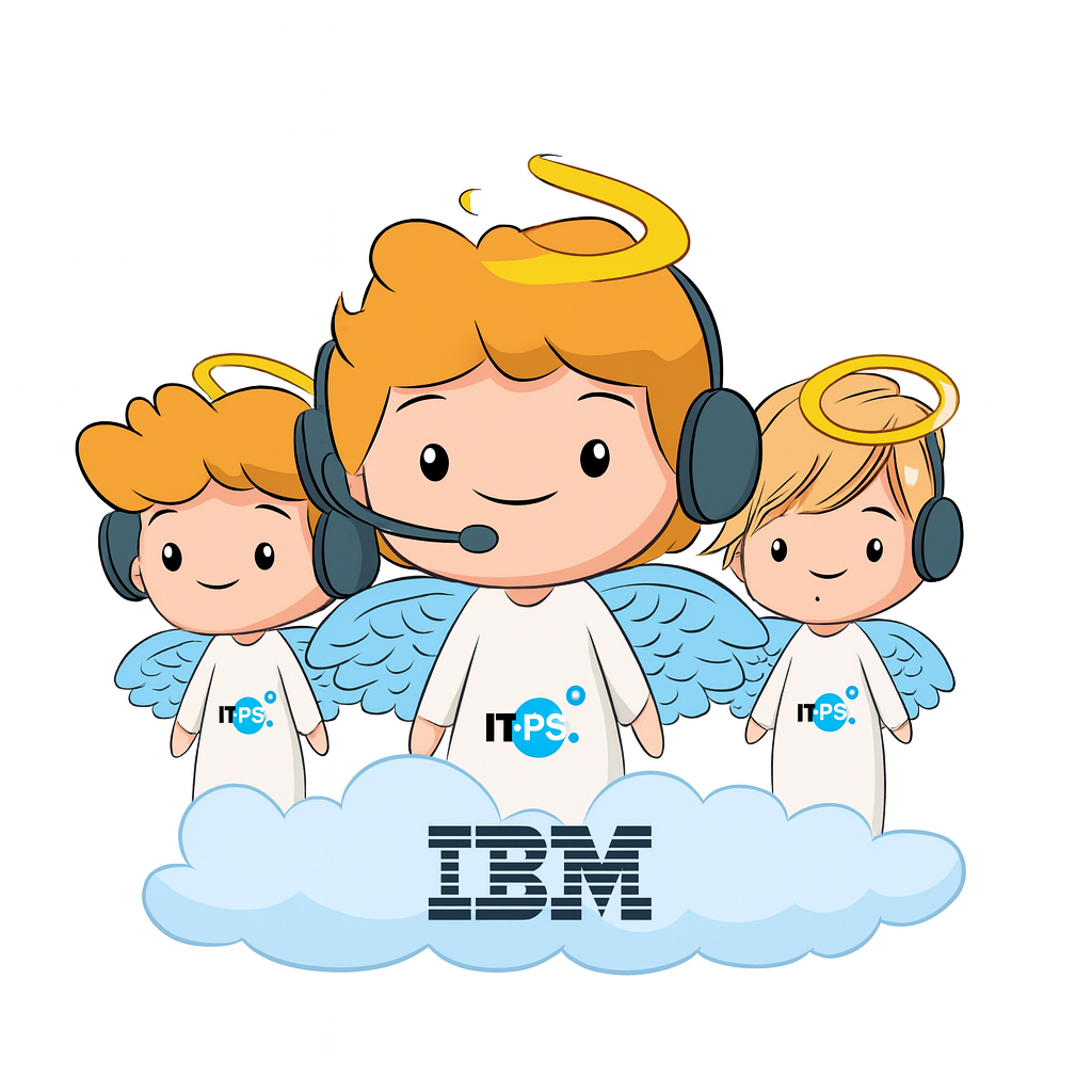 Comiczeichnung 3 Engel mit Headset, mit IT-PS T-SHirt auf einer IBM Wolke
