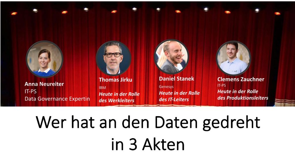 Das Bild zeigt einen Bühnenvorhang mit den Darstellern Anna Neureiter, Thomas Jirku, Daniel Stanek und Clemens Zauchner