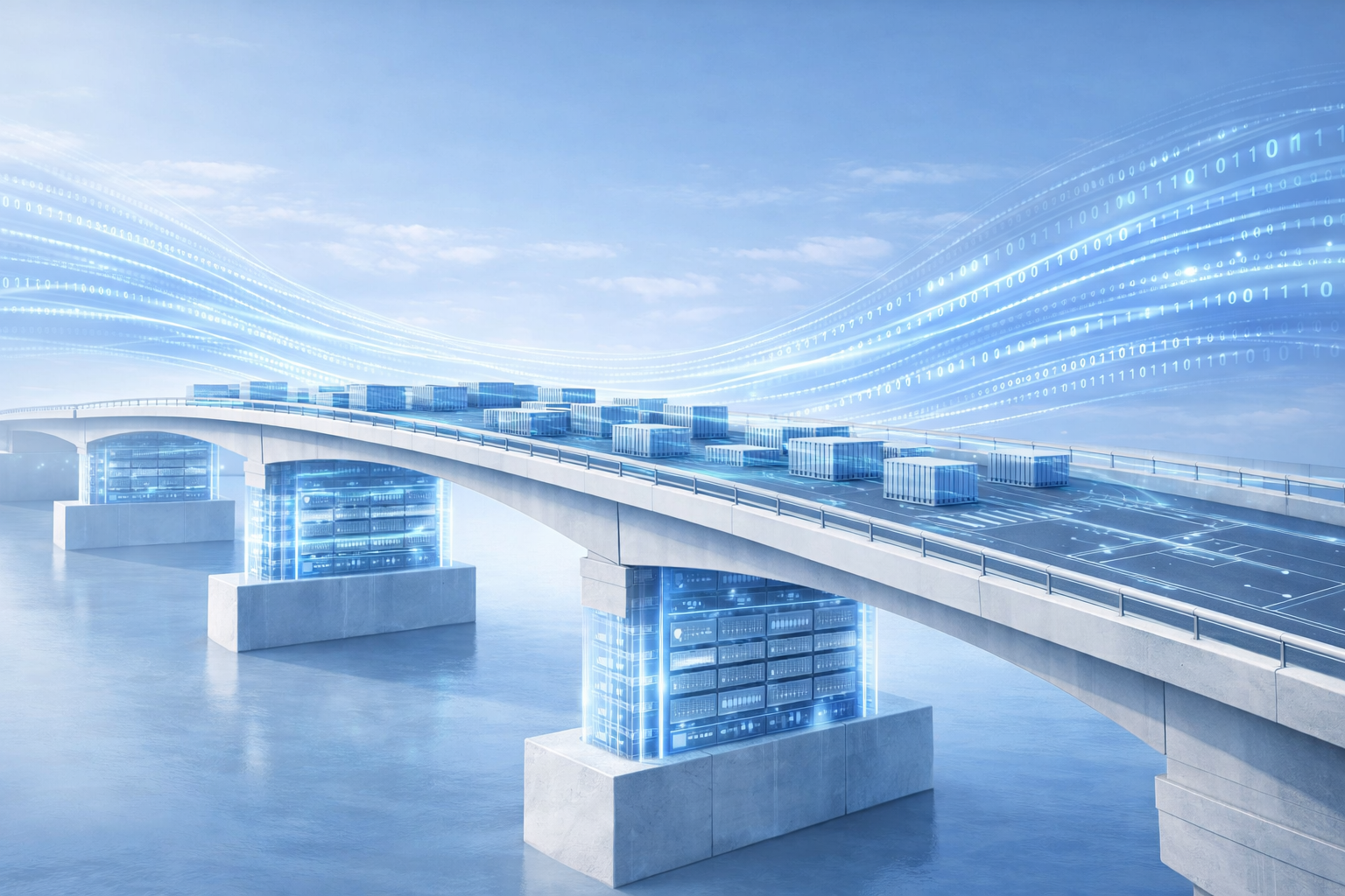 Digitale Brücke mit Datenströmen, getragen von Storage-Infrastruktur als Fundament moderner Plattformarchitektur.