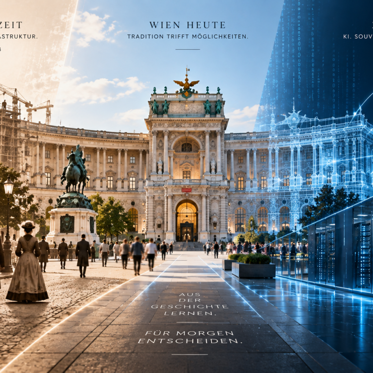 Ein Bild in 3 Teilen: links Wien/Hofburg Gründerzeit/mitte Hofburg heute/rechts Hofburg digital als Sinnbild für Zukunft