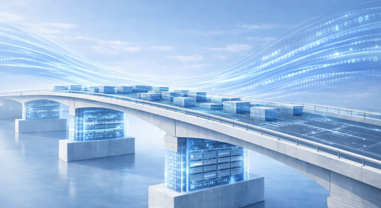 Digitale Brücke mit Datenströmen, getragen von Storage-Infrastruktur als Fundament moderner Plattformarchitektur.