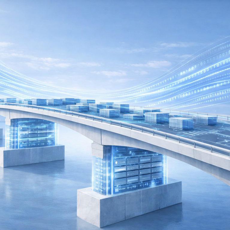 Digitale Brücke mit Datenströmen, getragen von Storage-Infrastruktur als Fundament moderner Plattformarchitektur.